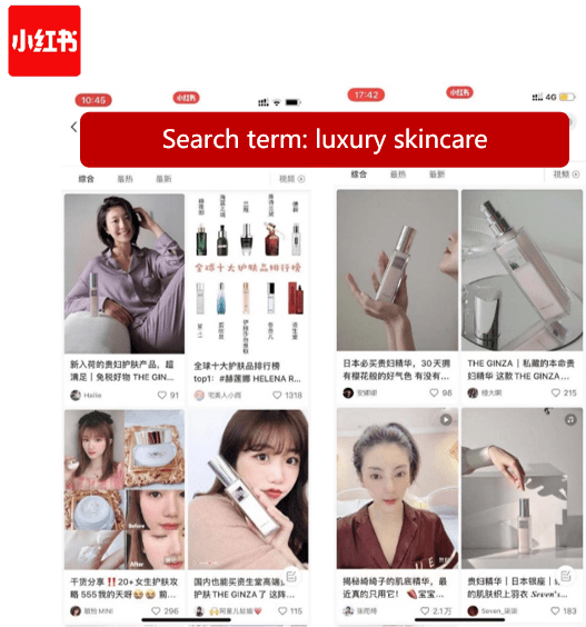 Xiaohongshu search term luxury skincare, search results on Xiaohongshu, TOP 5
