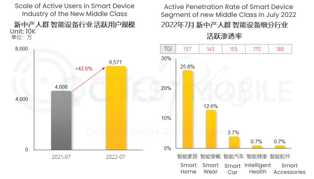 Scale of active users in smart device industry of the new middle class in China